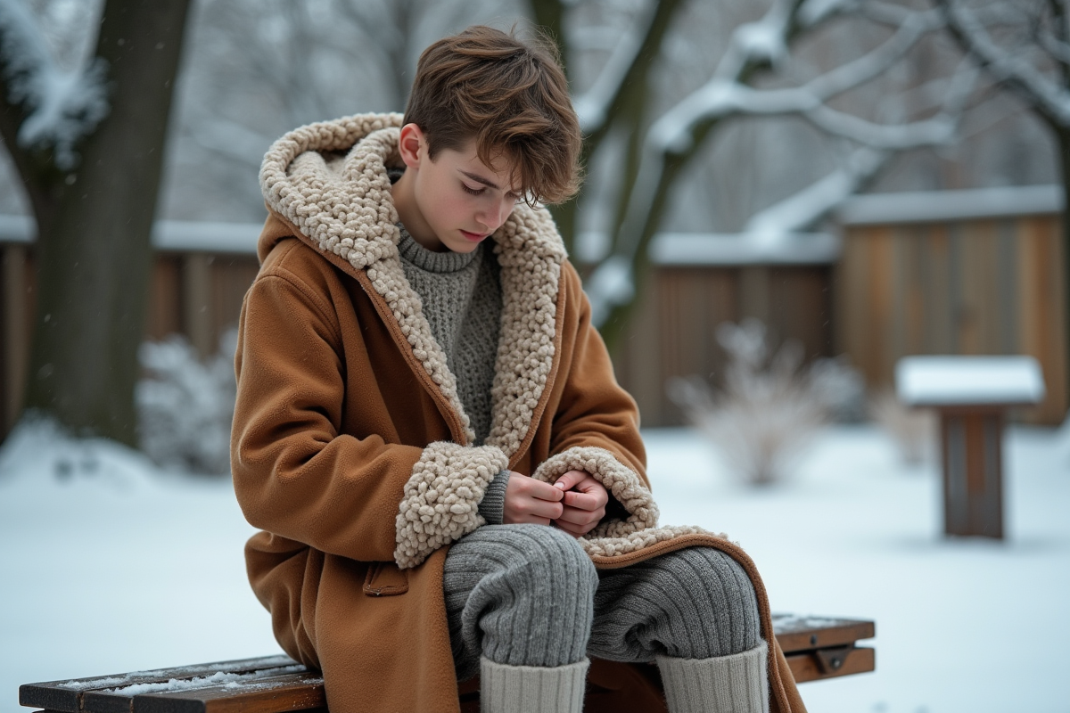 Adolescent cousant une pièce en fourrure dans un jardin enneige
