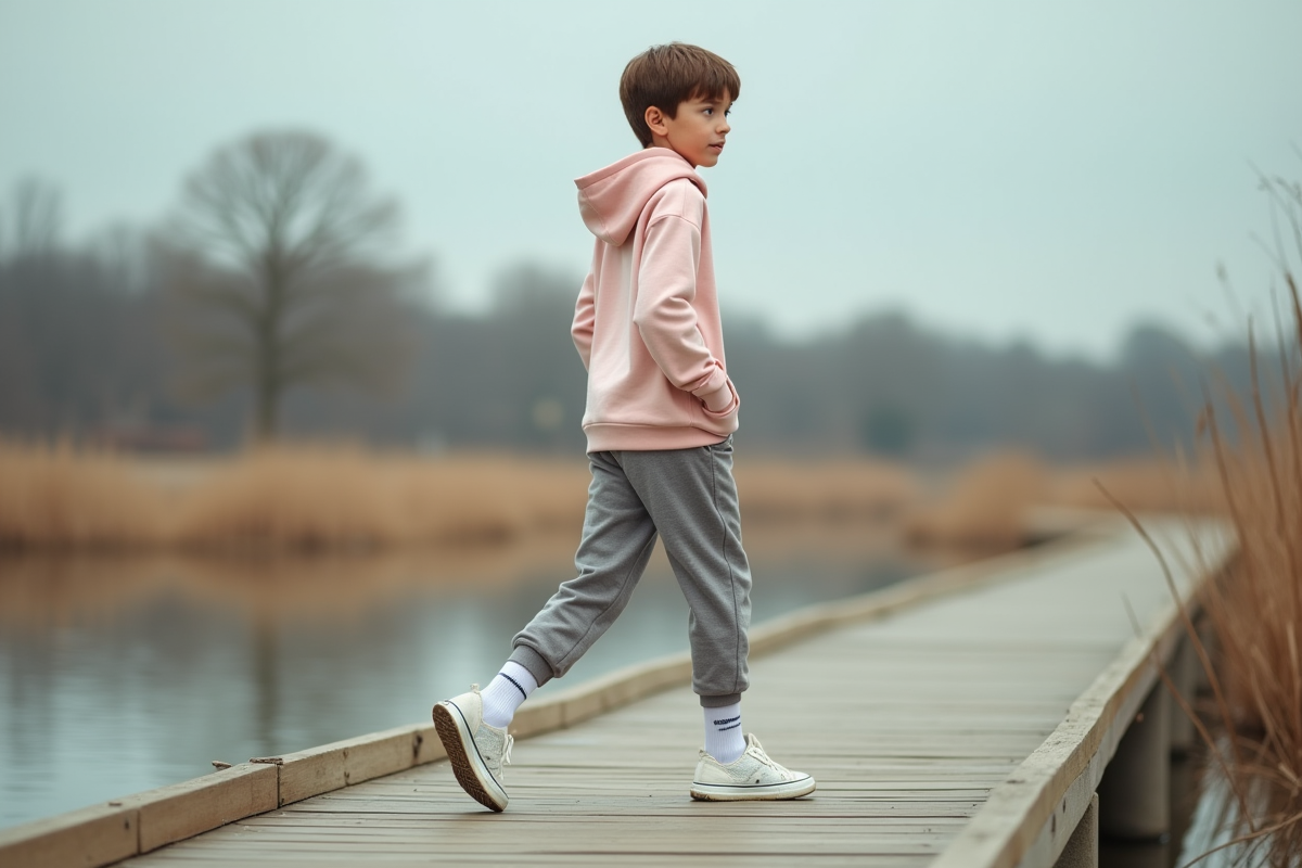 Adolescent en jogger et hoodie sur une promenade au bord du lac