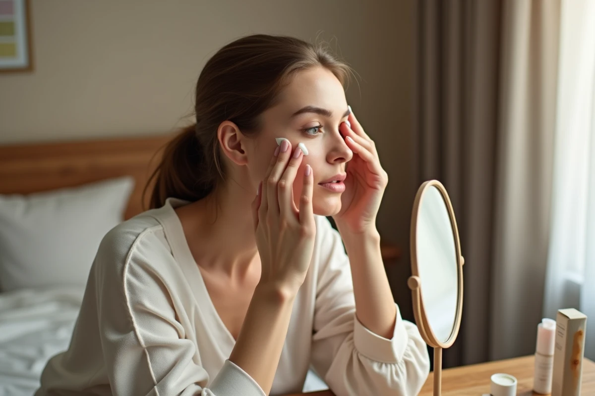 Jeune femme appliquant une crème anti-rides sur le front devant un miroir de coiffeuse dans une chambre