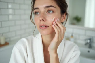 Femme appliquant une essence cosmétique sur la peau dans une salle de bain minimaliste en marbre blanc