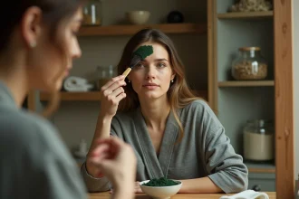 Femme appliquant du henné naturel sur ses cheveux sensibles dans une salle de bain décorée d'ingrédients naturels