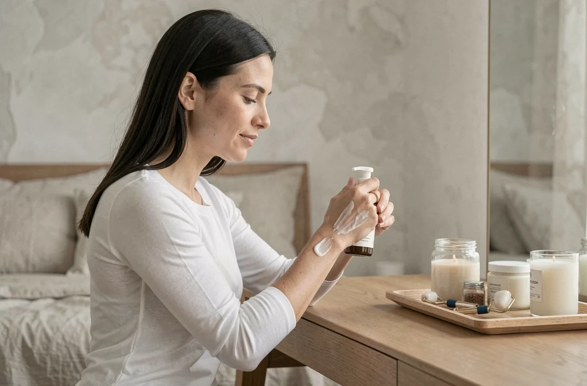 Femme appliquant une lotion corps hydratante devant une coiffeuse minimaliste avec des produits de beauté organisés