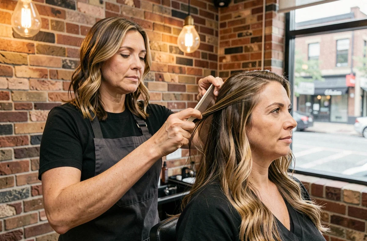 Coiffeuse professionnelle appliquant un traitement de permanente lissante sur les cheveux d'une cliente en salon