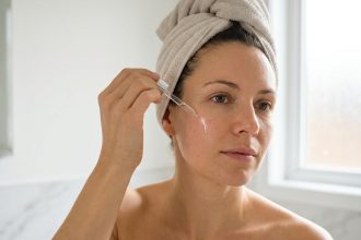 Femme appliquant un sérum à l'acide hyaluronique sur le visage dans une salle de bain minimaliste