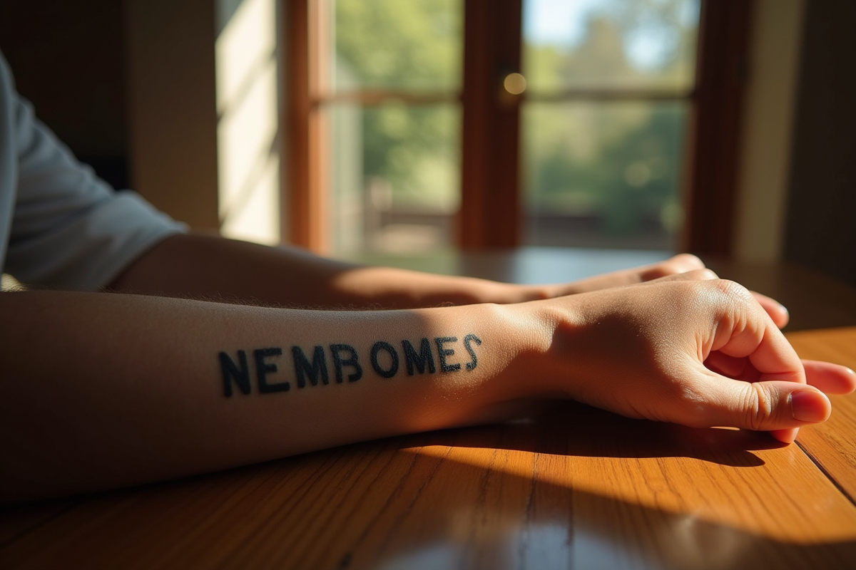 Avant bras avec tatouage nom en lettres géométriques sous la lumière naturelle