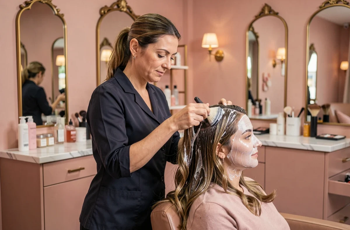Spécialiste appliquant un soin capillaire dans un institut coiffure raffiné aux tons rosés à Asnières-sur-Seine