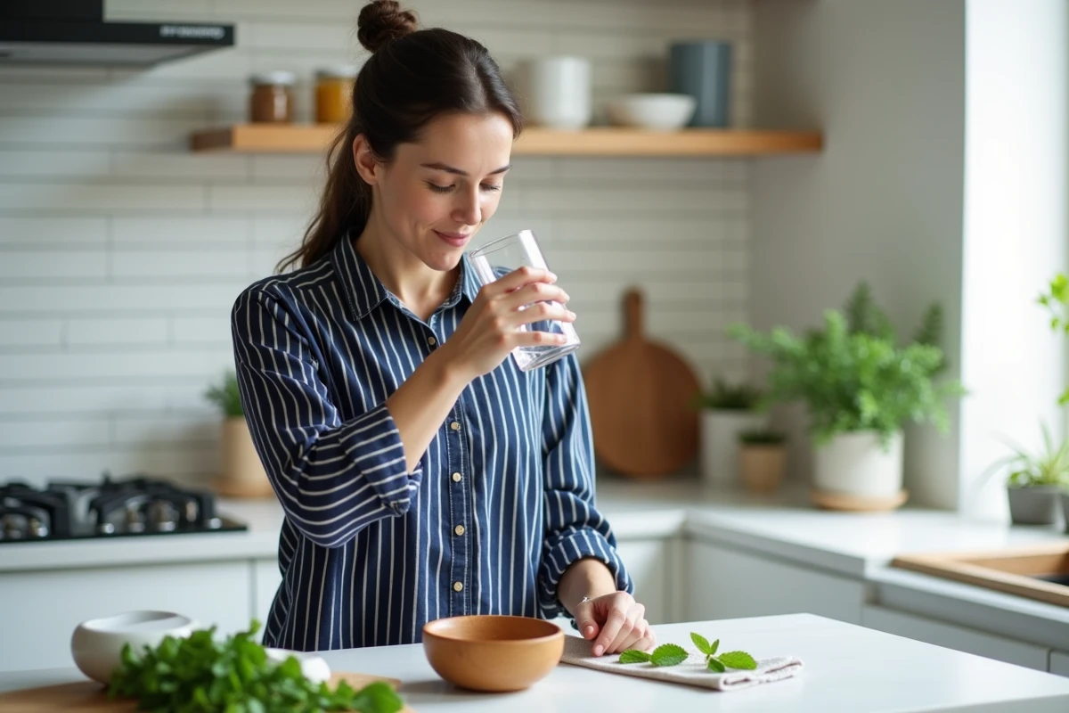 Femme pratiquant le bain de bouche à l'huile en cuisine avec des ingrédients naturels pour des dents blanches