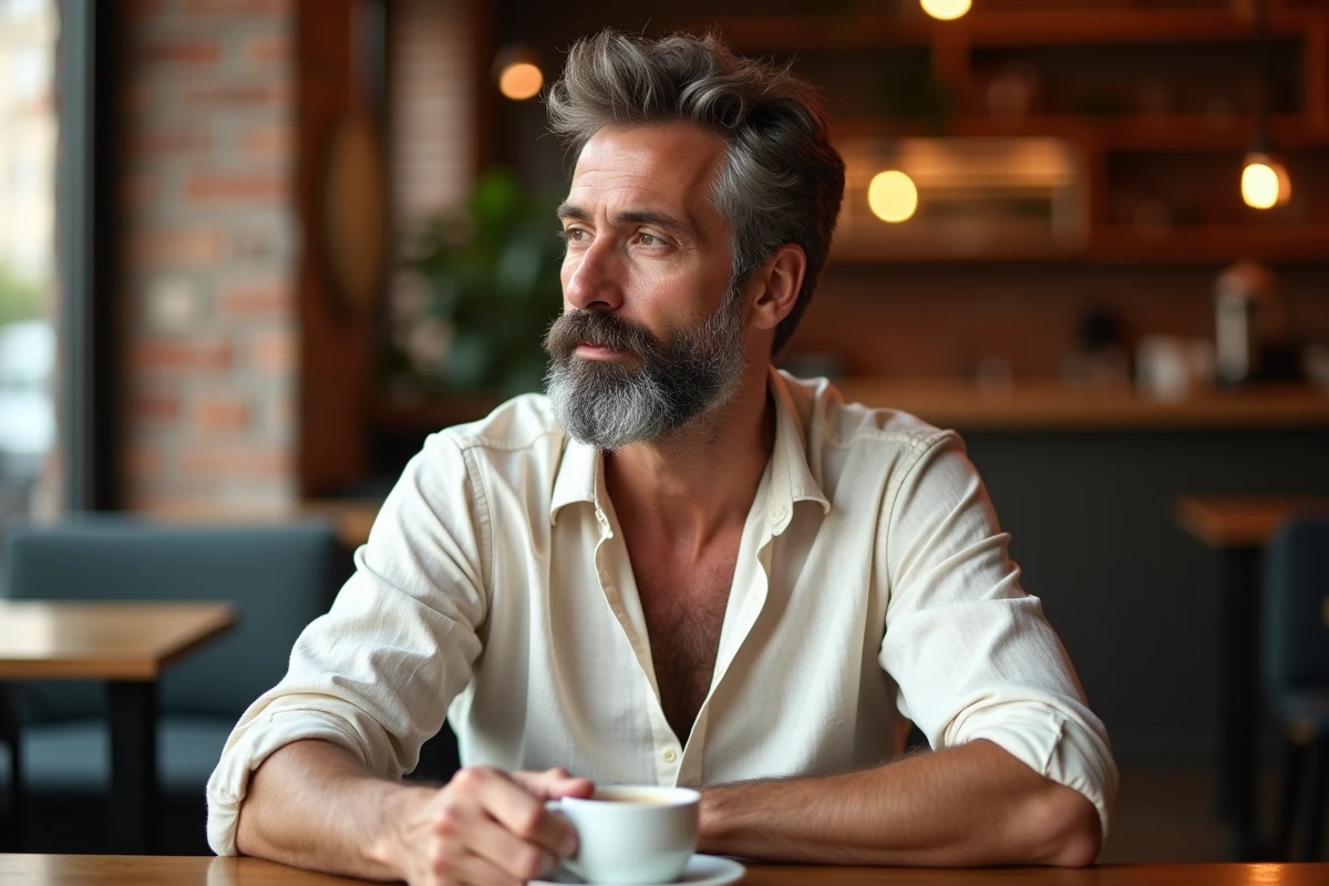 Homme mature avec barbe pleine poivre et sel assis dans un café parisien, style de barbe naturelle et décontractée valorisant un visage carré