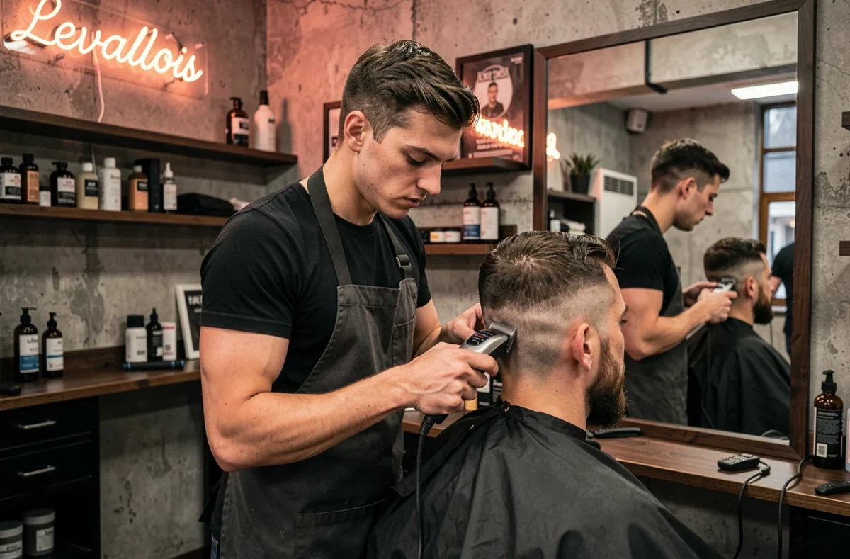 Jeune barbier réalisant un dégradé précis dans un salon au style urbain industriel à Levallois-Perret