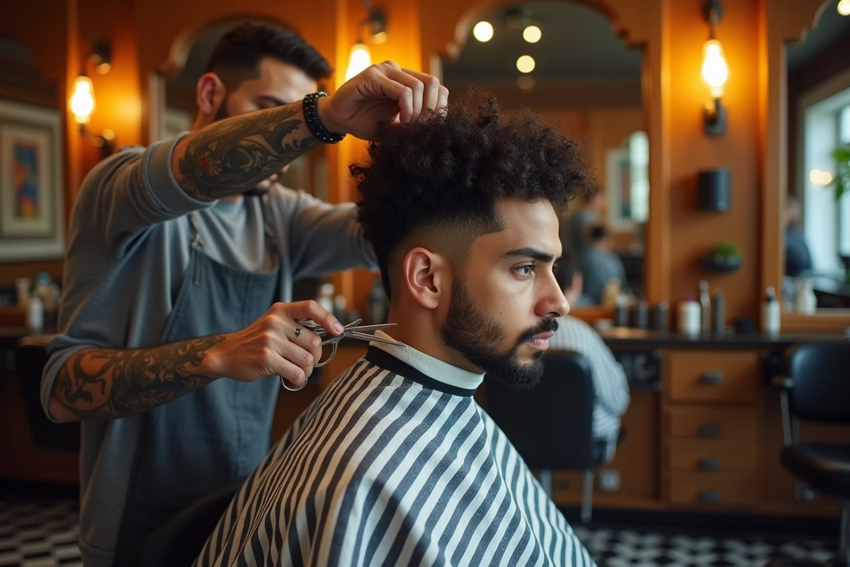 Coiffeur professionnel en train de couper les cheveux bouclés d'un homme en salon de coiffure