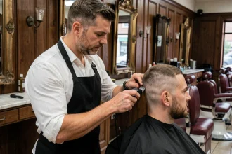 Barbier professionnel réalisant un dégradé taper sur un client en barbershop classique
