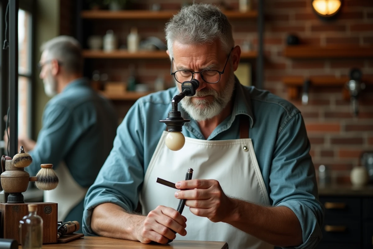 Barbier expérimenté inspectant un rasoir droit de luxe avec une loupe dans un salon vintage aux murs en briques apparentes