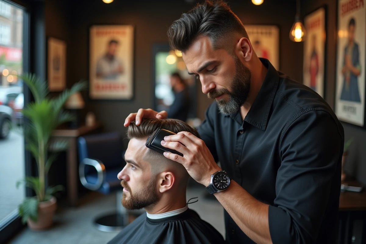 Barbier professionnel réalisant la transition du taper dégradé sur cheveux mi-longs d'un client, gros plan sur le fondu progressif au niveau de la tempe et de la nuque