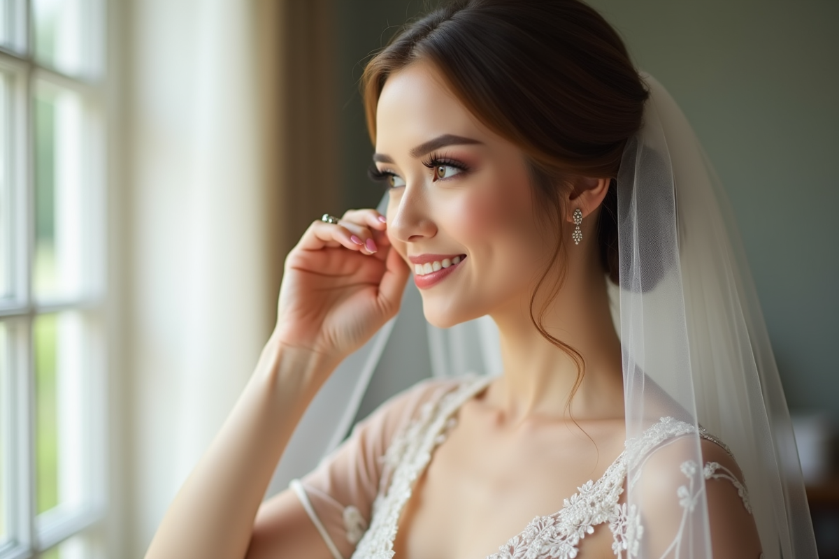 Mariée avec chignon élégant et maquillage naturel
