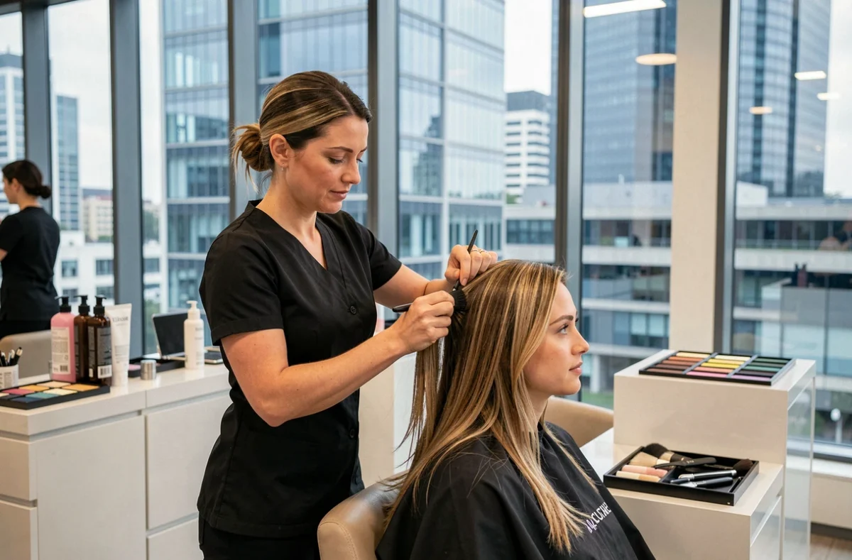 Coiffeuse appliquant une coloration dans un salon mixte moderne avec vue sur les tours de La Défense