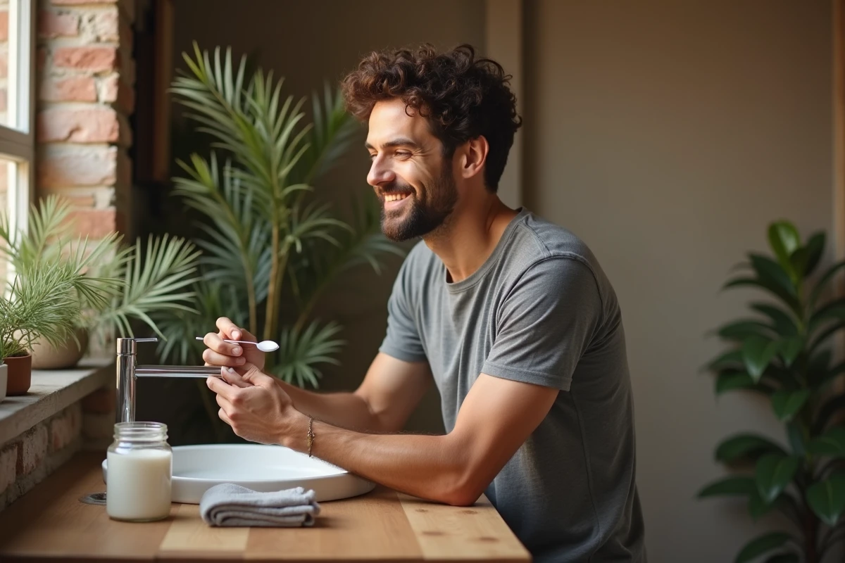 Homme appliquant de l'huile de coco sur ses dents dans une salle de bain en bois pour un blanchiment naturel maison