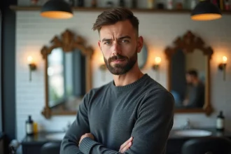 Homme aux cheveux courts avec un bouc taillé précisément, portrait 3/4 en barbershop moderne mettant en valeur la mâchoire et le style facial masculin