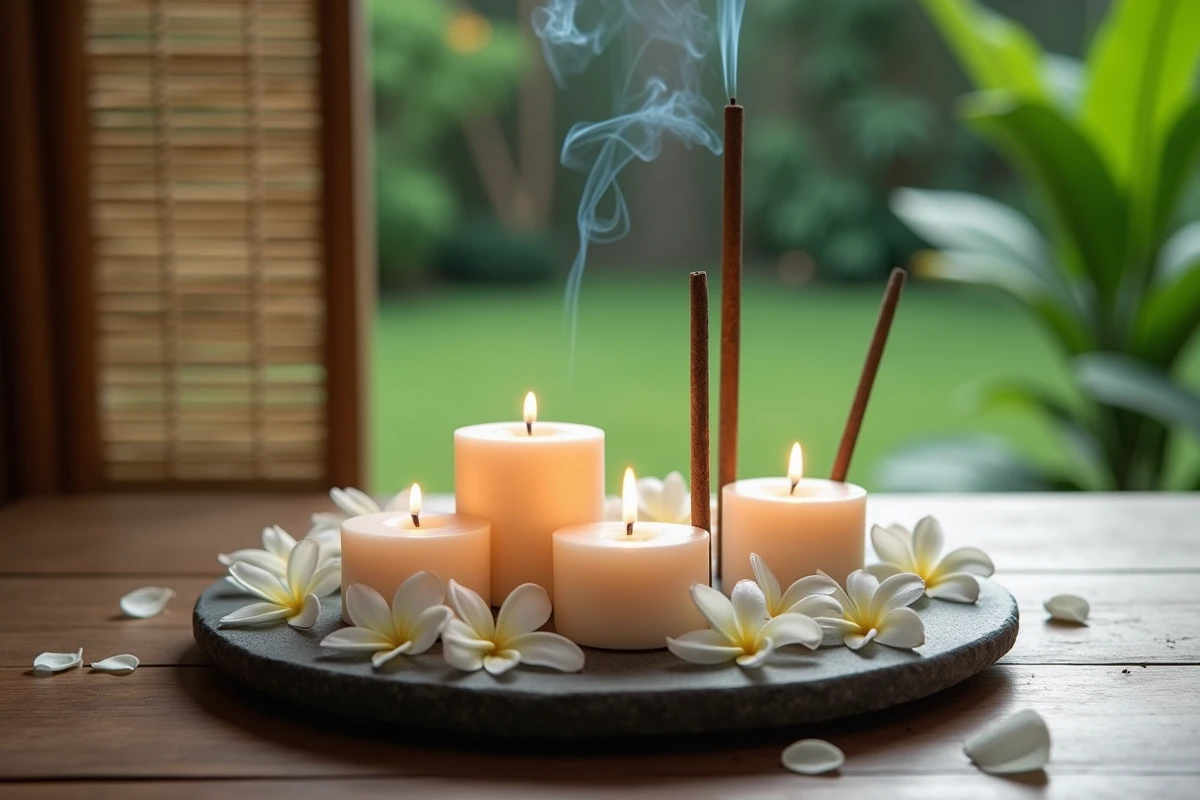 Bougies et encens de jasmin sur un plateau en pierre avec fleurs