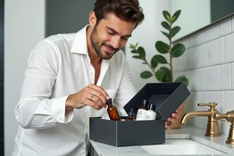 Homme en chemise blanche inspectant des produits de sa box beauté mensuelle sur un plan de travail en marbre dans une salle de bain moderne