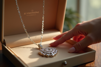 Main féminine choisissant un collier brillant dans une boîte à bijoux