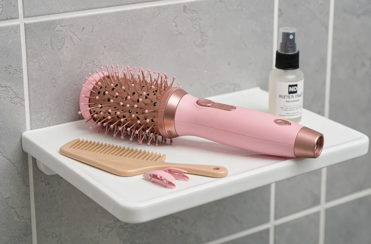 Brosse soufflante rose dorée posée sur une étagère de salle de bain avec accessoires de coiffure