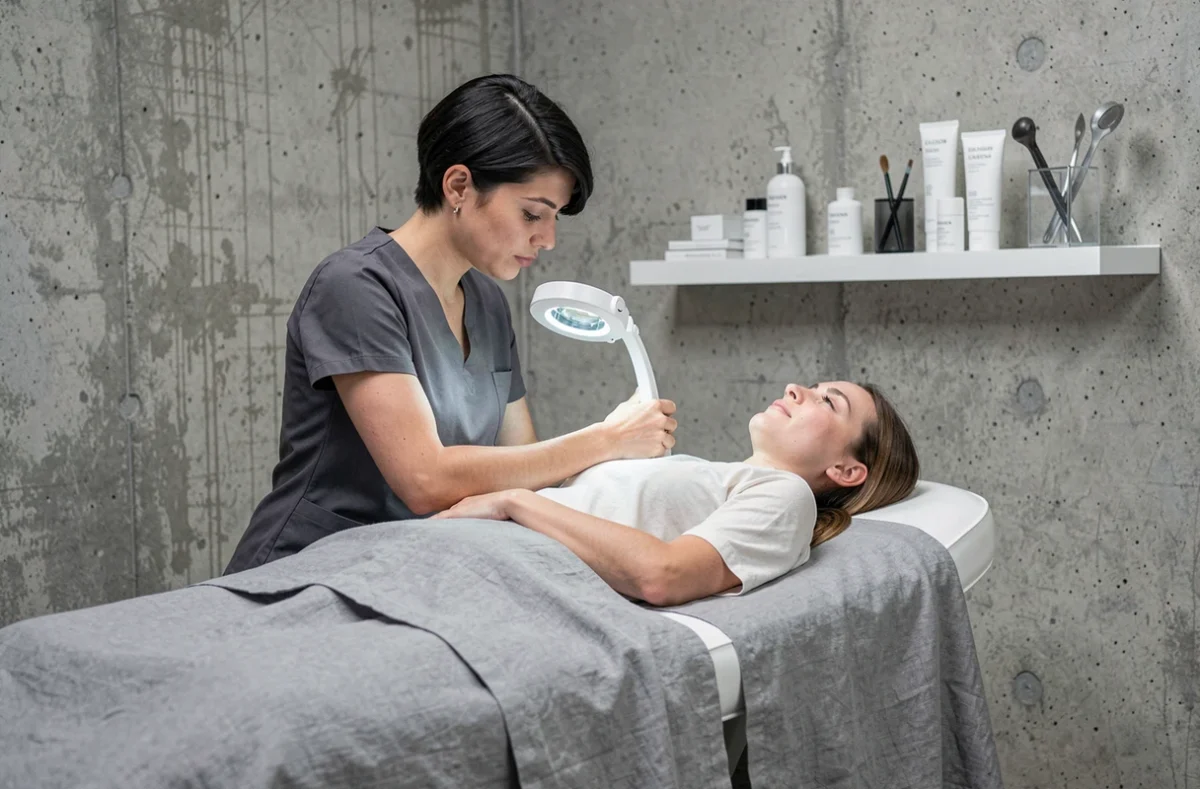 Esthéticienne de C.Studio à Andrézieux-Bouthéon examinant la peau d'une cliente sous une lampe loupe dans un studio épuré