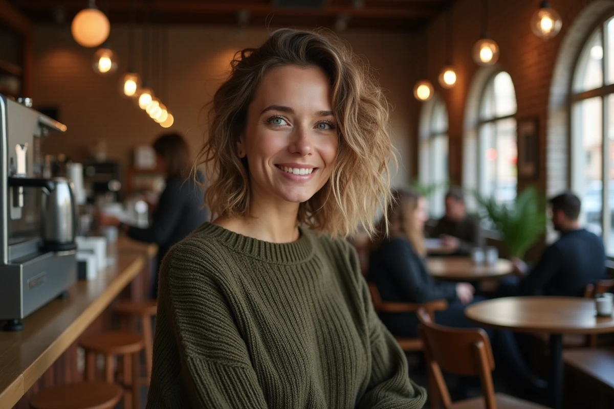Femme arborant une coupe carré mi-long flou et texturé dans un café chaleureux, illustrant la tendance du carré mi-long naturel et volumineux