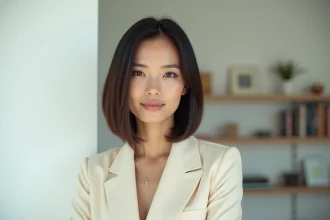 Femme aux cheveux mi-longs lisses et brillants avec une coupe carré mi-long parfaitement lissée, portant un blazer crème dans un intérieur moderne
