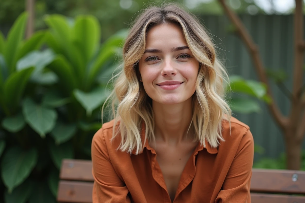 Femme avec une coupe carré mi-long wavy et ondulée en extérieur, mettant en valeur les vagues naturelles d'un carré mi-long tendance