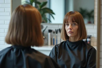 Femme aux cheveux fins avec un carré plongeant plat et sans volume assise dans un fauteuil de salon de coiffure