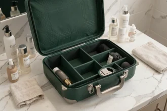 Case vanity de voyage 2026 en coque rigide vert forêt ouverte sur un comptoir en marbre blanc avec compartiments modulables et accessoires de soin organisés