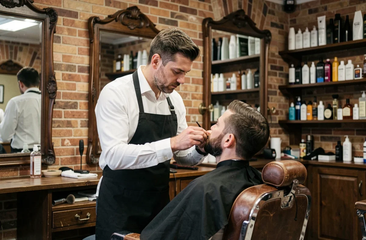 Barbier professionnel réalisant une taille de barbe précise dans un salon de style vintage à Levallois-Perret