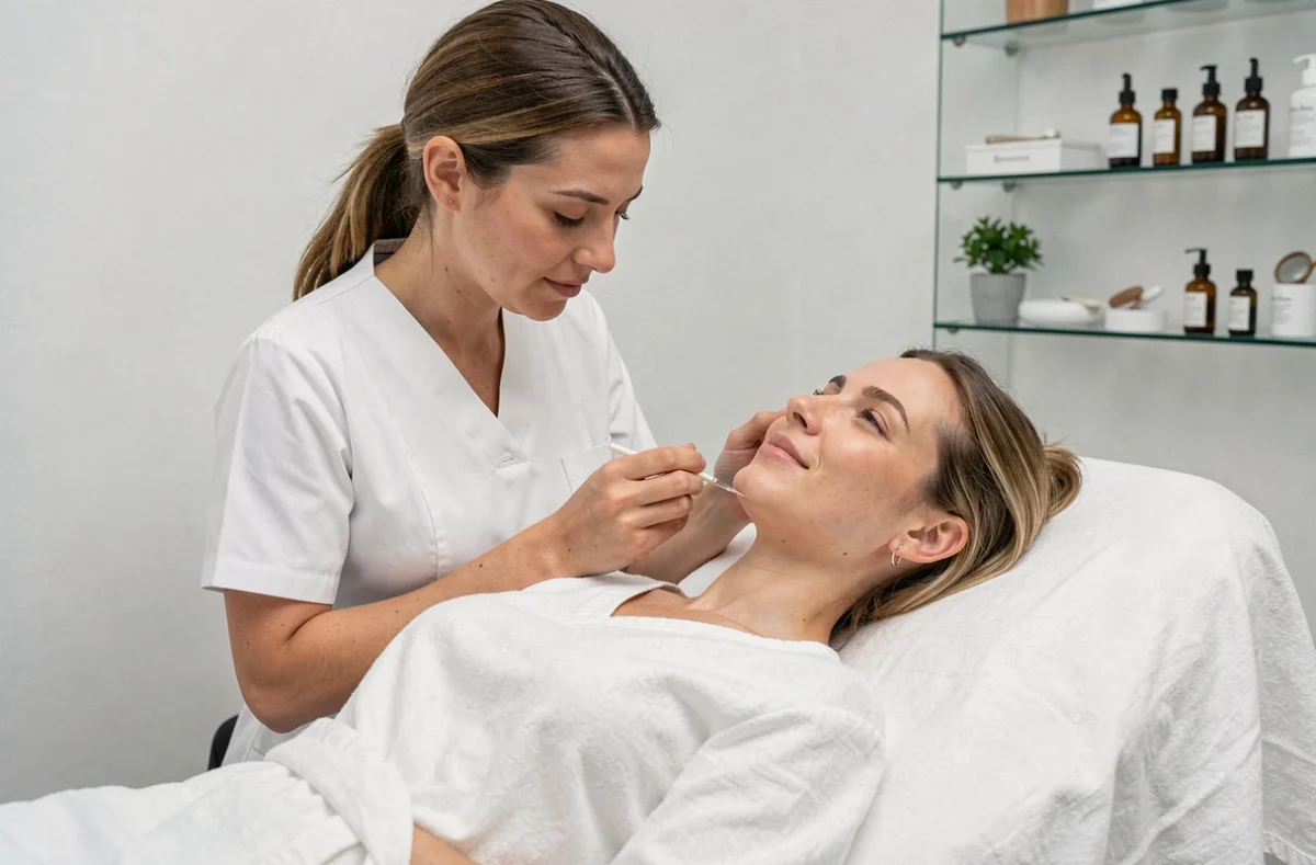 Esthéticienne réalisant un soin visage hydratant sur une cliente allongée dans la cabine épurée de l'institut Cible Skin à Paris