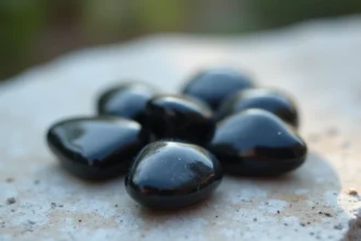Cinq gemmes noires polies posées sur une pierre claire