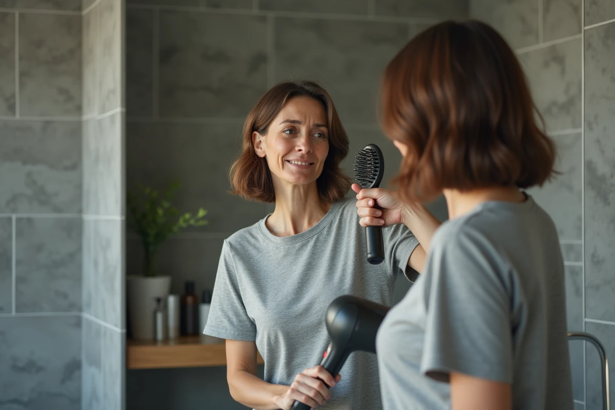 Femme essayant de donner du volume à son carré plongeant sur cheveux fins dans une salle de bain moderne
