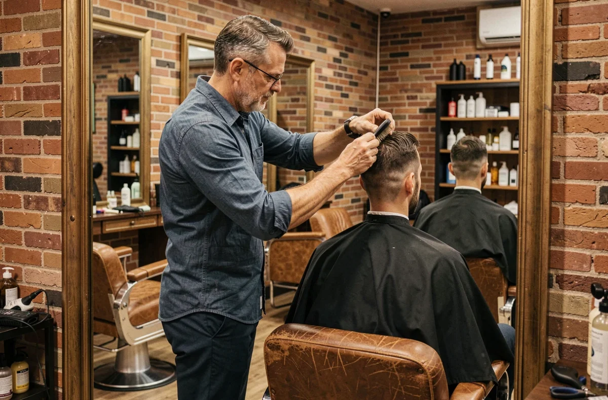 Coiffeur masculin finissant le coiffage d'un client dans un barbershop contemporain avec miroir et décor en briques apparentes