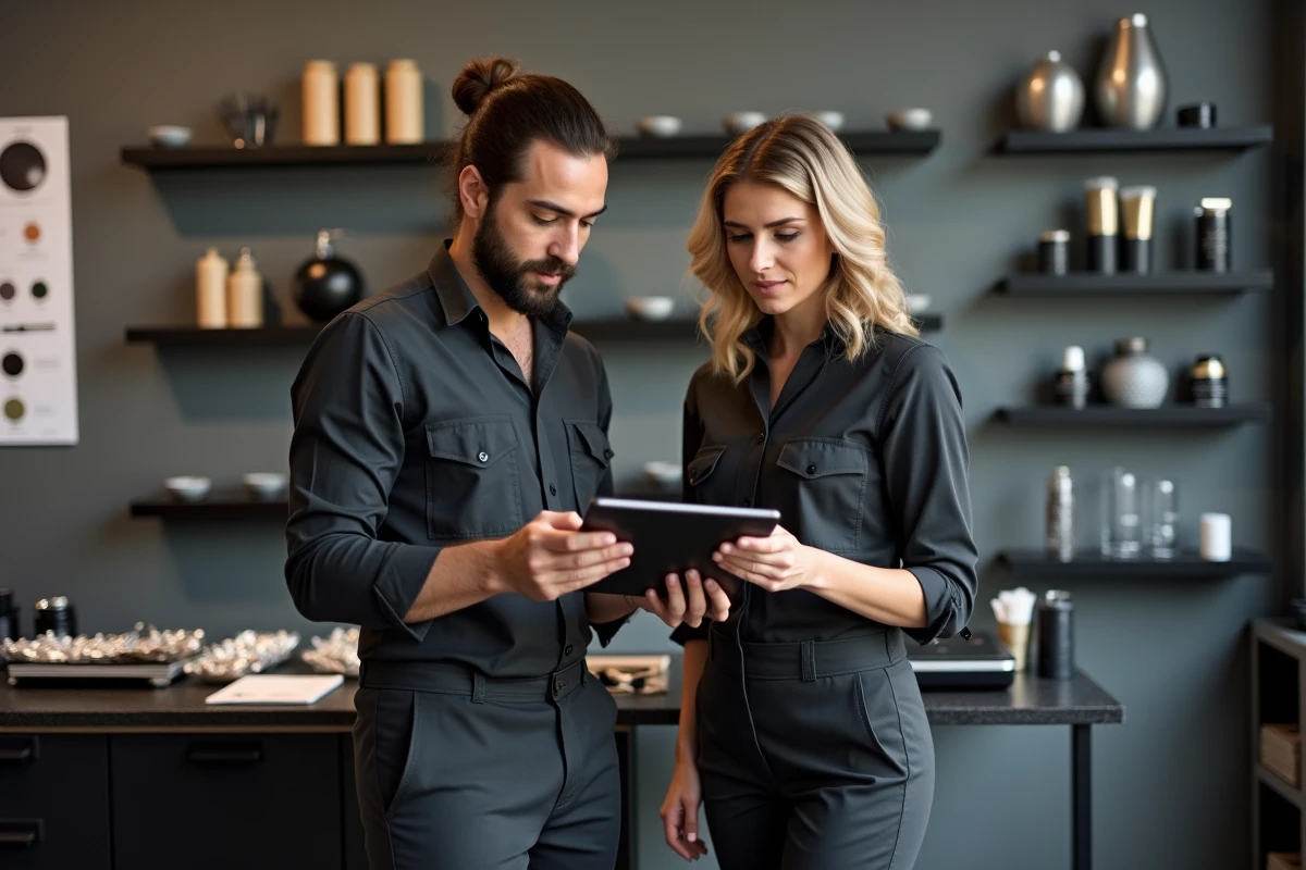 Deux coiffeurs professionnels discutant des techniques de balayage et des nuanciers pour traiter les cheveux blancs en salon