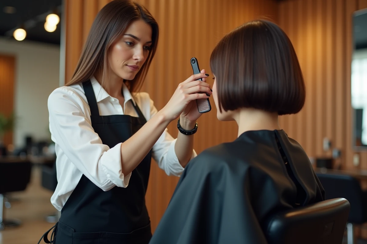 Coiffeuse professionnelle analysant la coupe de cheveux fins en carré plongeant d'une cliente en salon