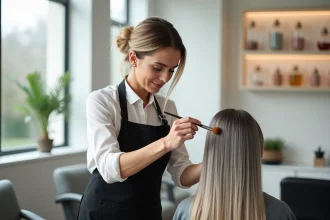 Coiffeuse professionnelle appliquant une technique de balayage pour couvrir les cheveux blancs dans un salon moderne