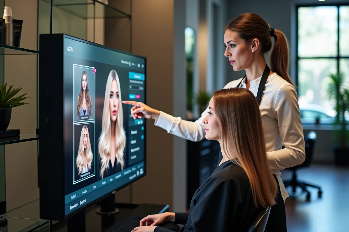 Coiffeuse professionnelle et cliente consultant un simulateur de coloration et coupe de cheveux sur grand écran en salon