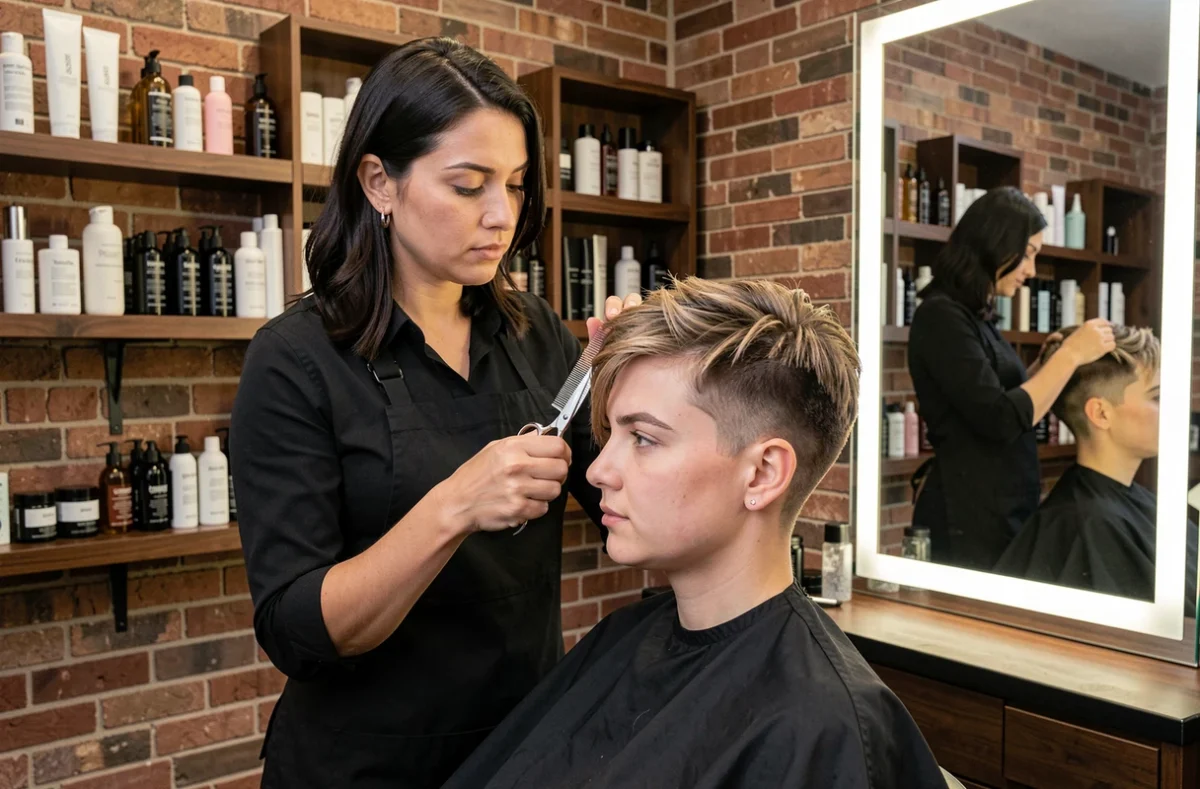 Coiffeuse professionnelle réalisant une coupe courte asymétrique sur une cliente au visage rond dans un salon de coiffure boutique