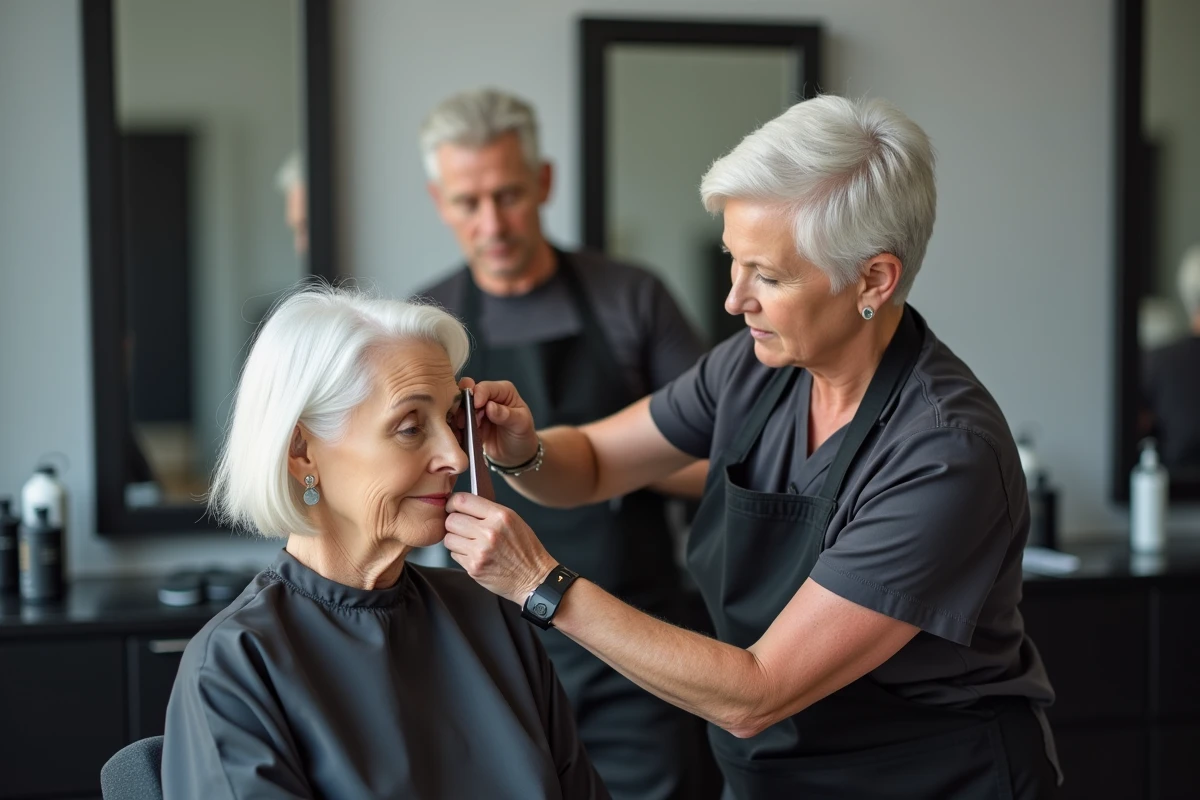 Coiffeuse inspectant les cheveux blancs tachés à la bétadine d'une cliente en salon de coiffure