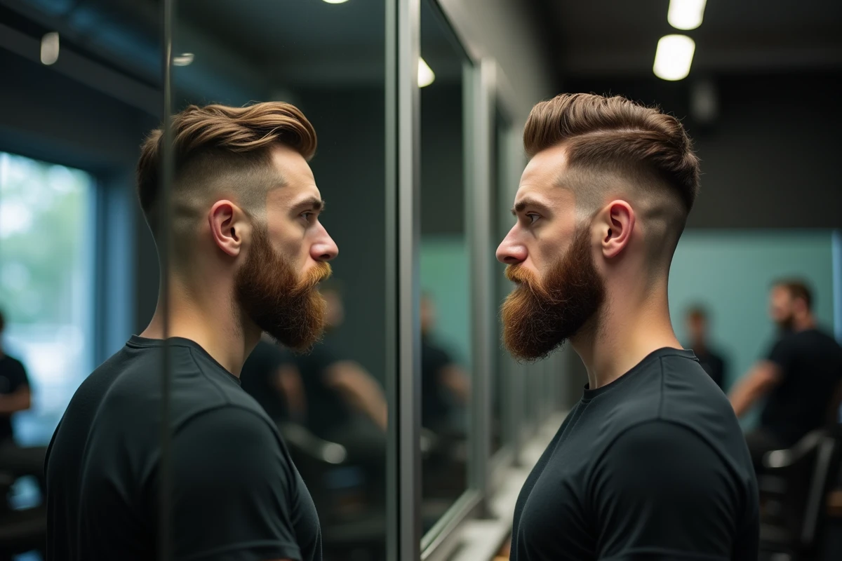 Comparaison bouc taillé versus barbe pleine, deux hommes côte à côte devant un miroir de barbershop pour illustrer les différents styles de barbe selon la morphologie du visage