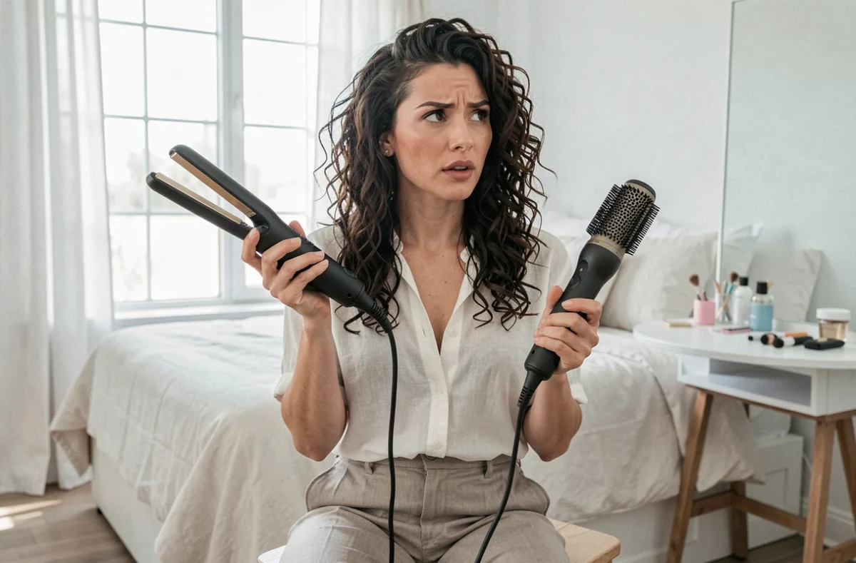 Femme comparant une brosse soufflante et un lisseur dans une chambre moderne lumineuse