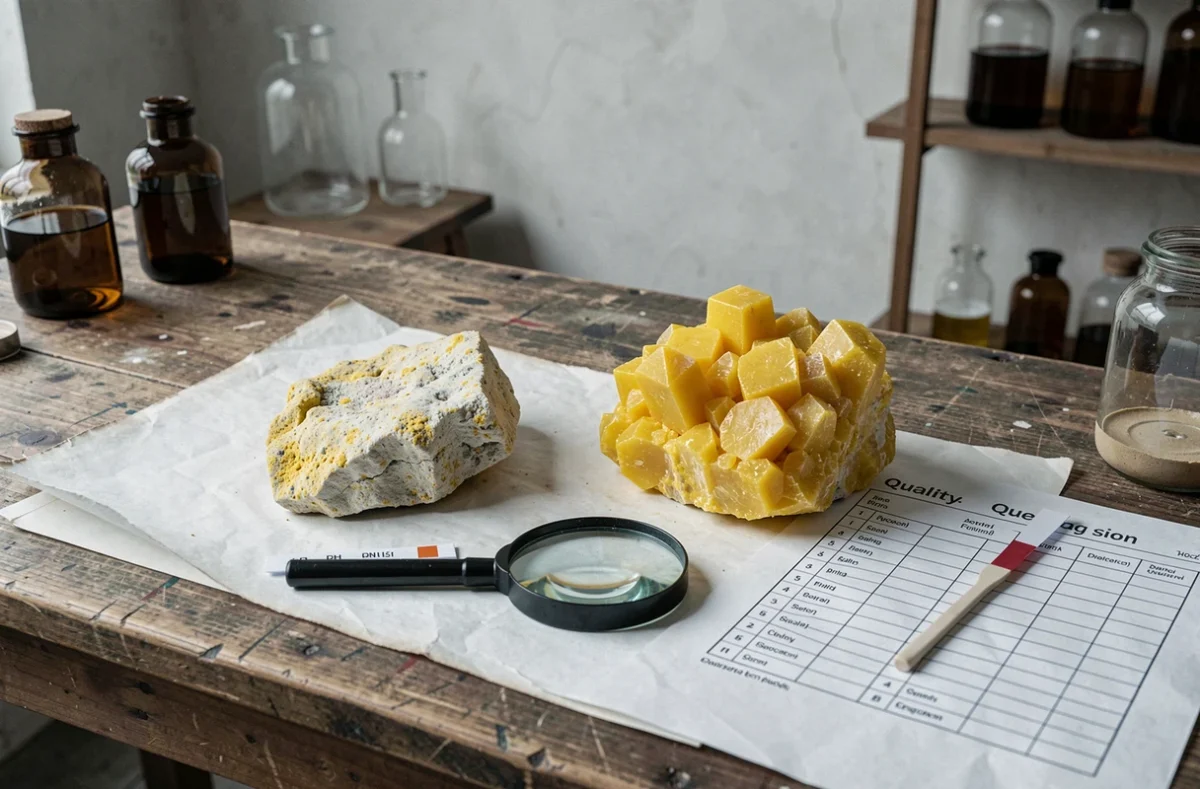 Comparaison côte à côte de deux échantillons de soufre jaune naturel sur une table de laboratoire pour identifier la qualité supérieure