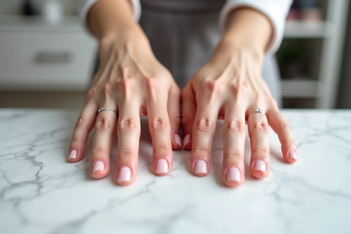 Comparaison de mains avec des ongles en acrygel pincés et des ongles en résine avant pinçage posés sur un comptoir en marbre blanc