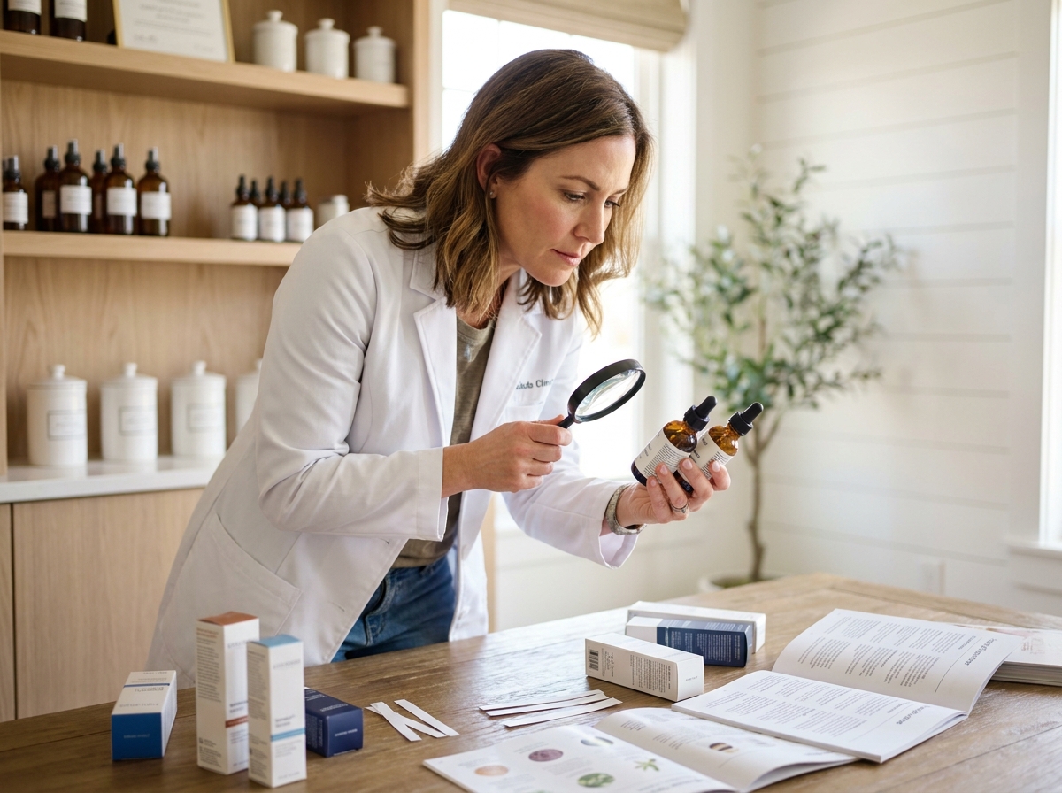 Esthéticienne comparant des sérums et actifs cosmétiques dans une clinique dermatologique