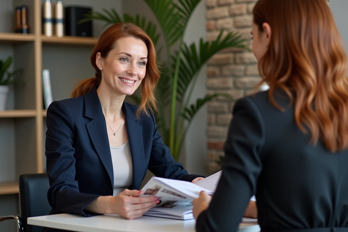 Consultation entre une femme au grand front et sa coiffeuse dans un studio moderne pour choisir la coupe idéale