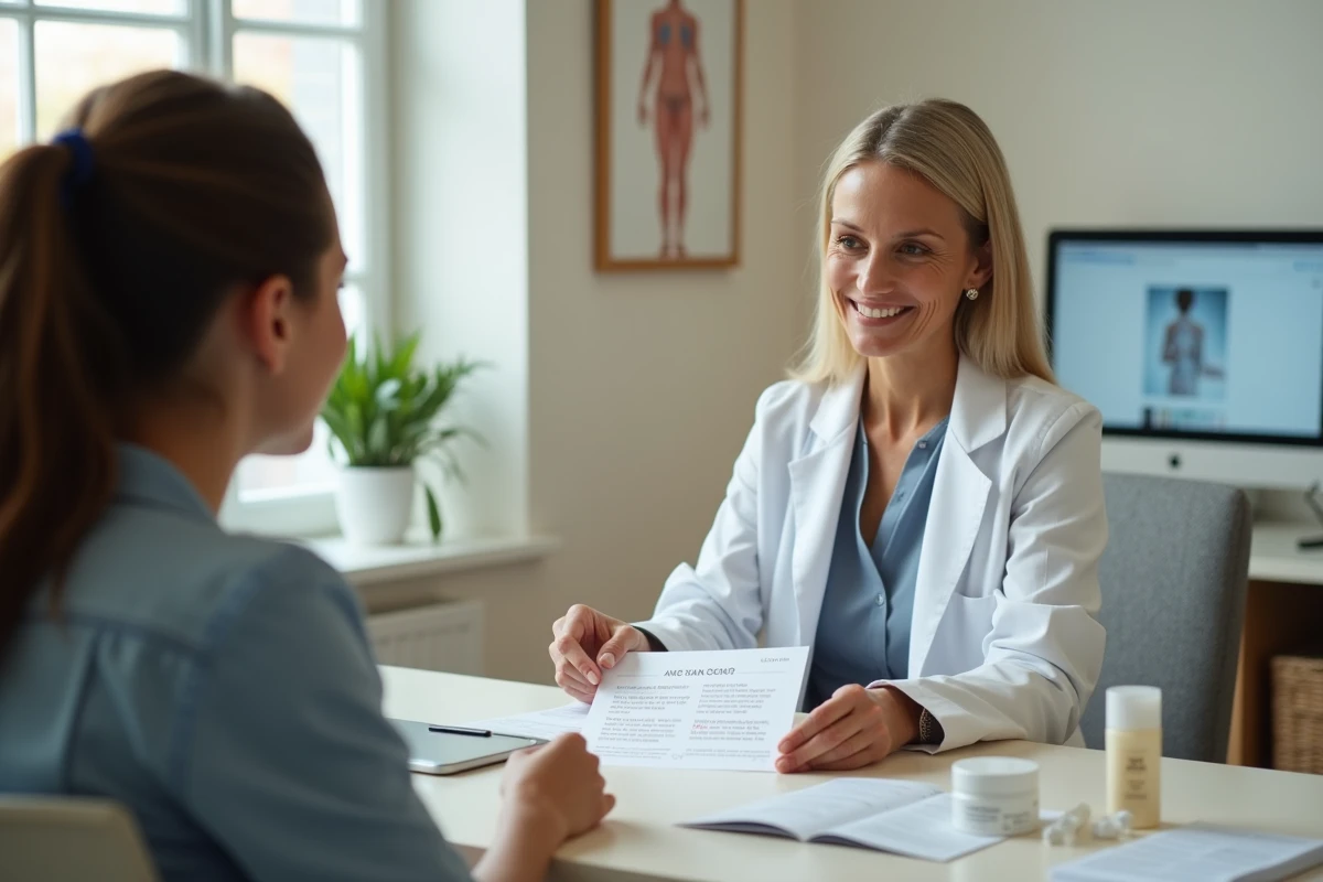 Dermatologue expliquant les associations entre savon et traitements dermatologiques contre l'acné à une patiente