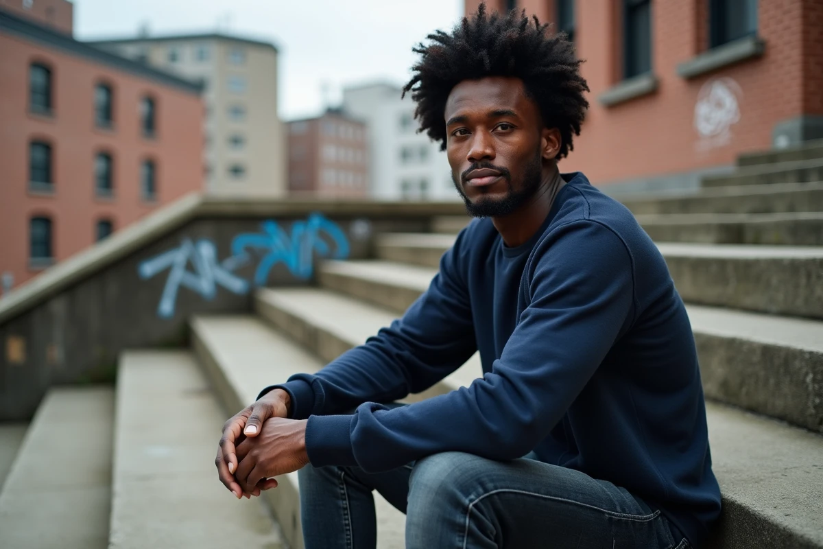 Homme aux cheveux afro coiffés en arrondi assis sur des marches urbaines en extérieur